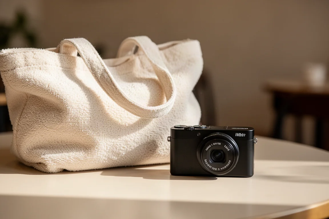 Fotocamera compatta point-and-shoot appoggiata su un tavolino da caffè accanto a una borsa