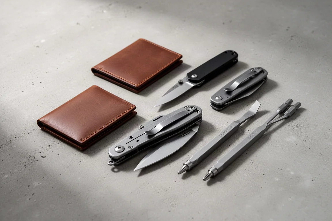 Flat-Lay mit Geldbörsen, Klappmessern und Pry-Tools auf einer Betonoberfläche