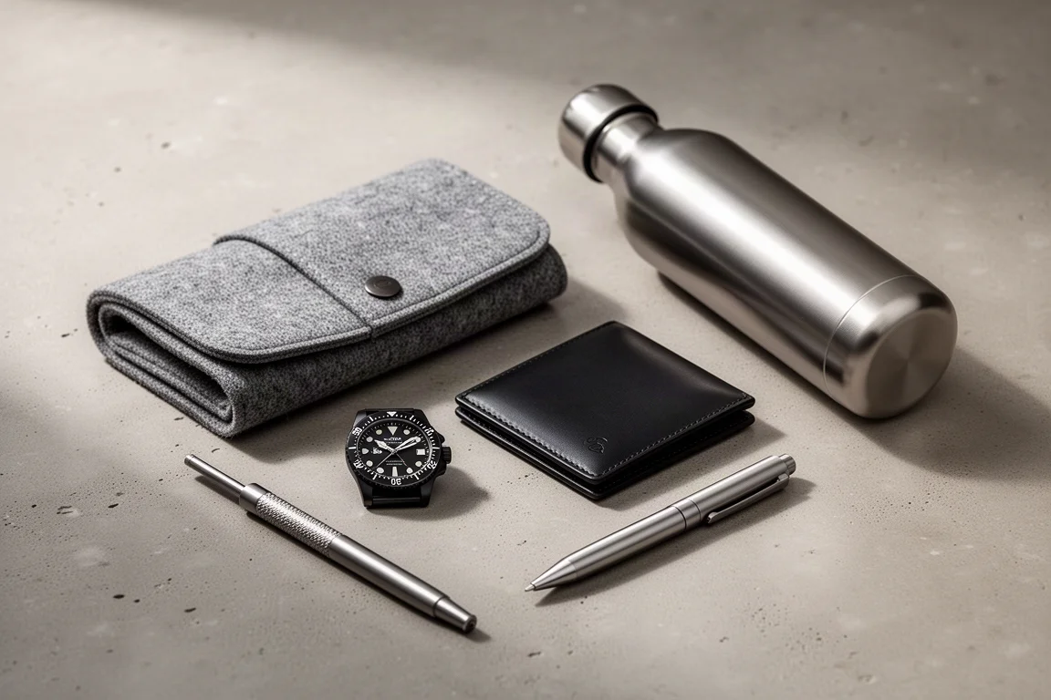 Flat-Lay mit Alltagsgegenständen: Woll-Sleeve, Taucheruhr, Geldbörse, Stift und Wasserflasche