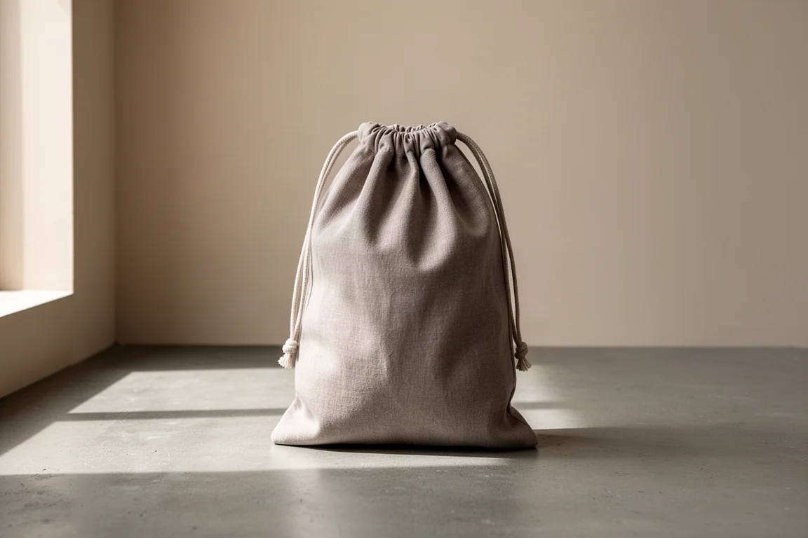 Uma bolsa saco de tecido minimalista apoiada sobre uma superfície neutra em luz suave