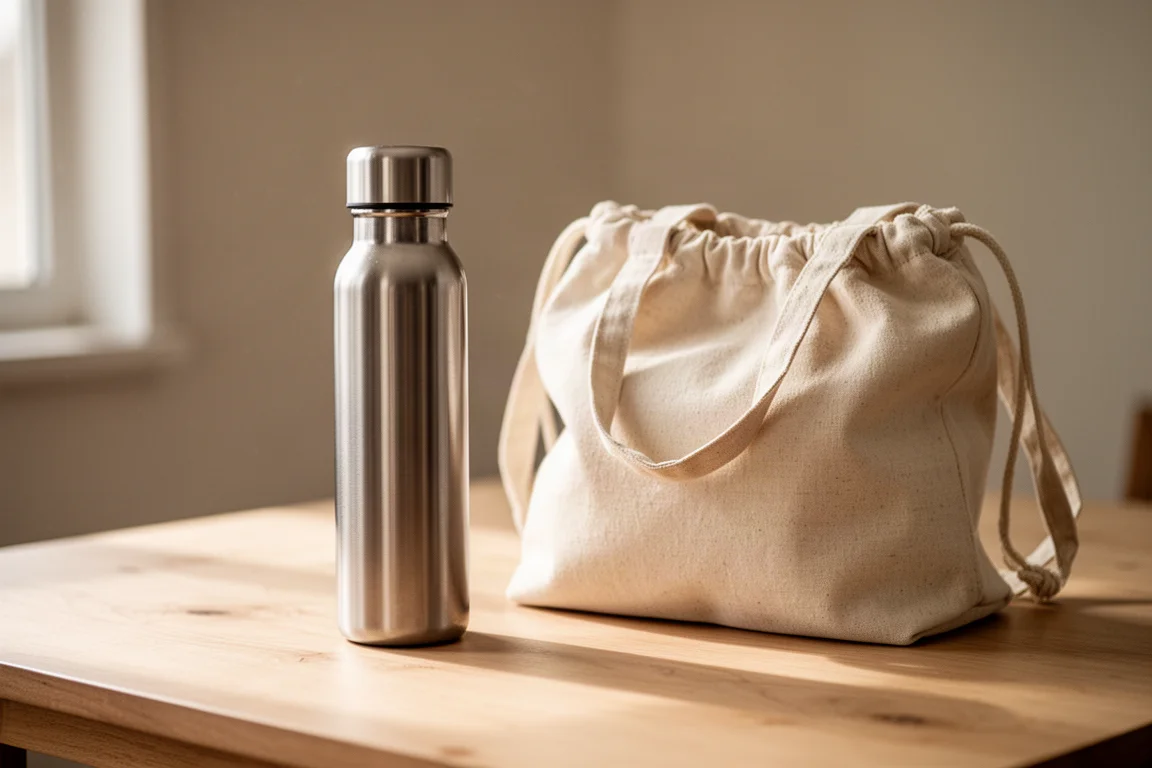 Uma garrafa de água inox plana em pé ao lado de uma bolsa saco cheia