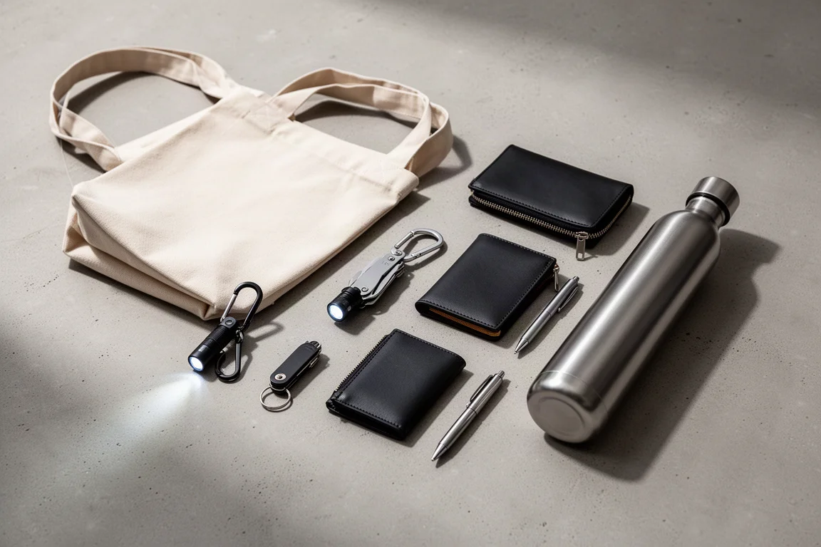 Flat lay of seven everyday carry items including a tote, wallet, flashlight, and flat bottle on concrete