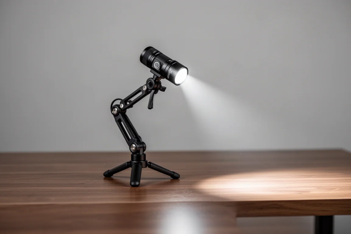 Kompakt ficklampa med ledad mekanisk arm som står uppriktigt på ett skrivbord