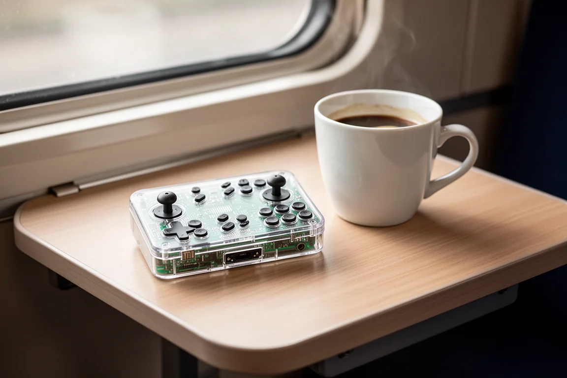 Genomskinlig retrohanddator vilar vid en kaffekopp på ett skrivbord