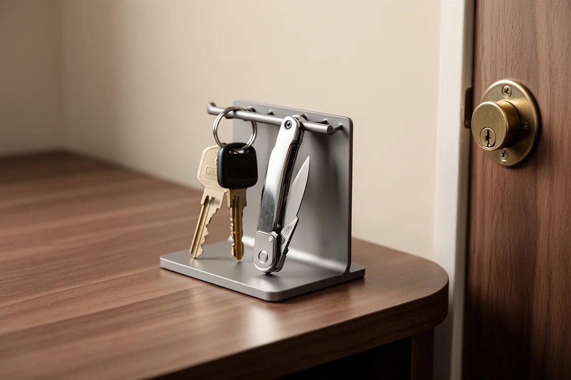 Metal key organizer with keys and small tools on a desk