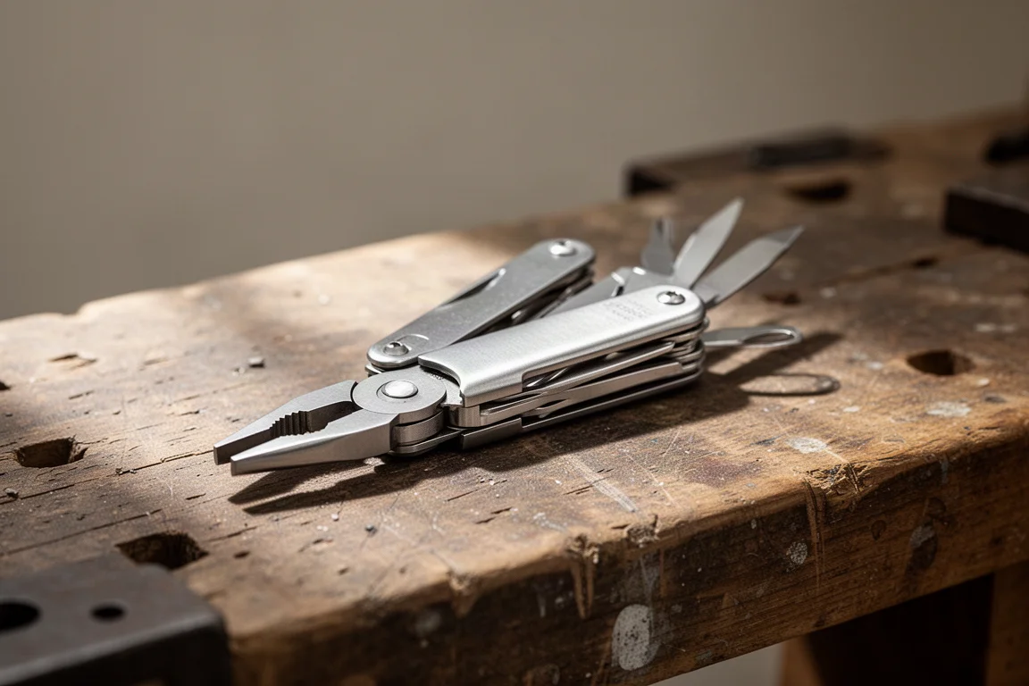 Compact stainless multi-tool resting open on a wooden workbench