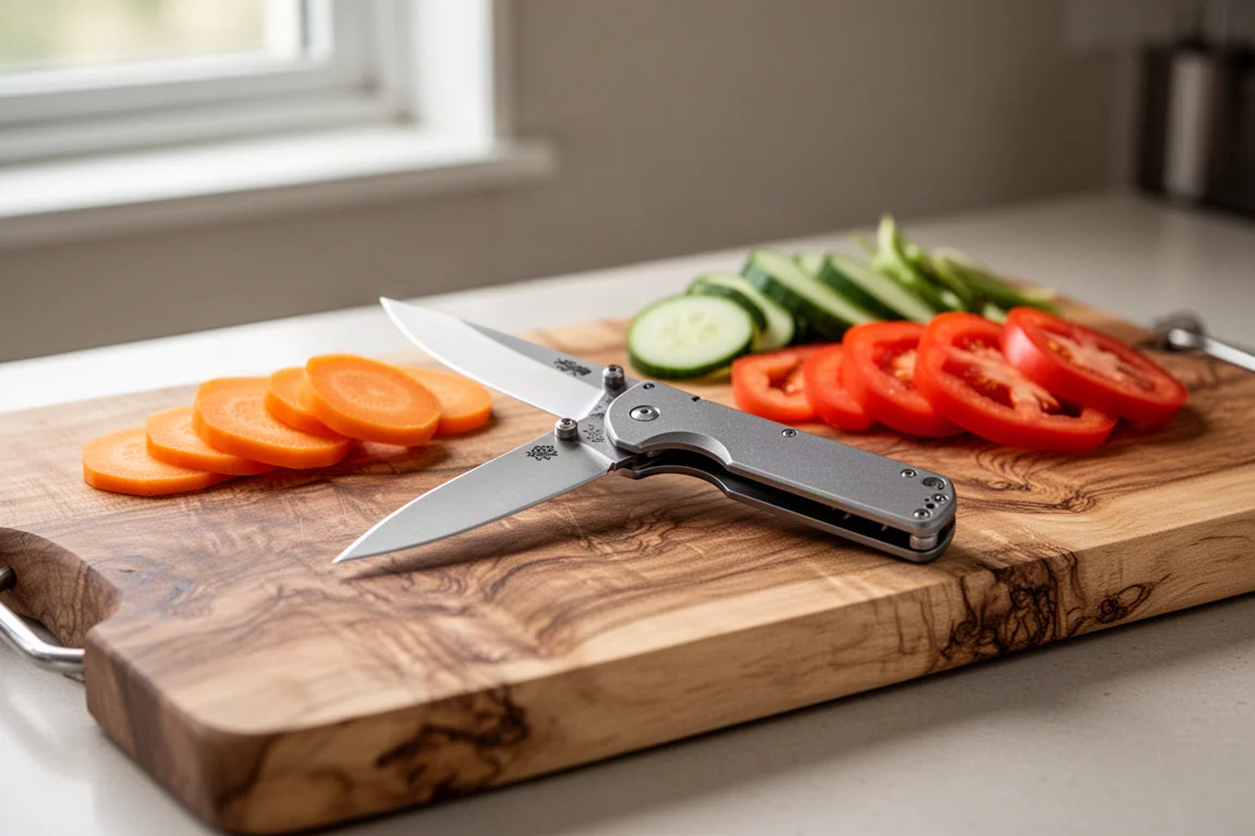 Folding knife open on a cutting board beside food prep