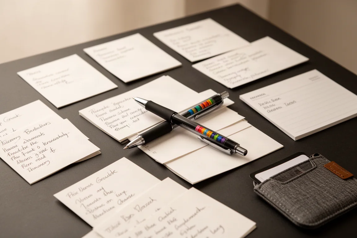 Index cards with handwritten notes and a black pen on a desk