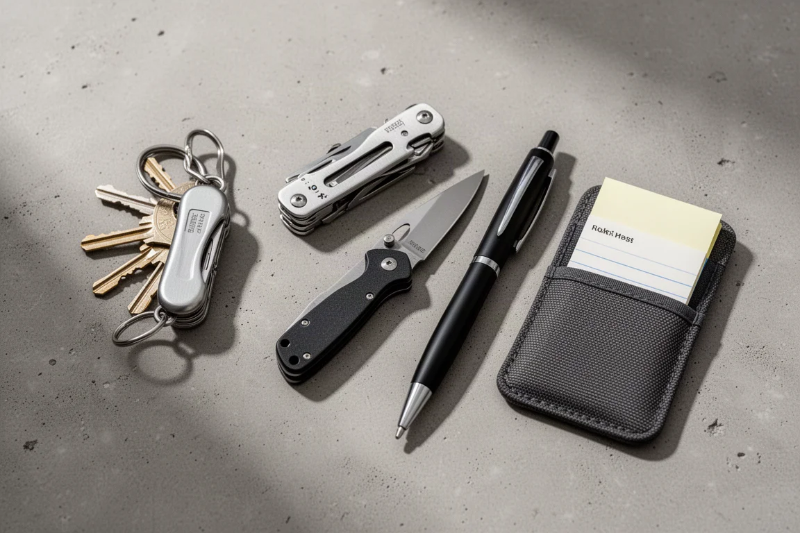 Flat-lay of key organizer, multi-tool, folding knife, pen, and card carrier on concrete