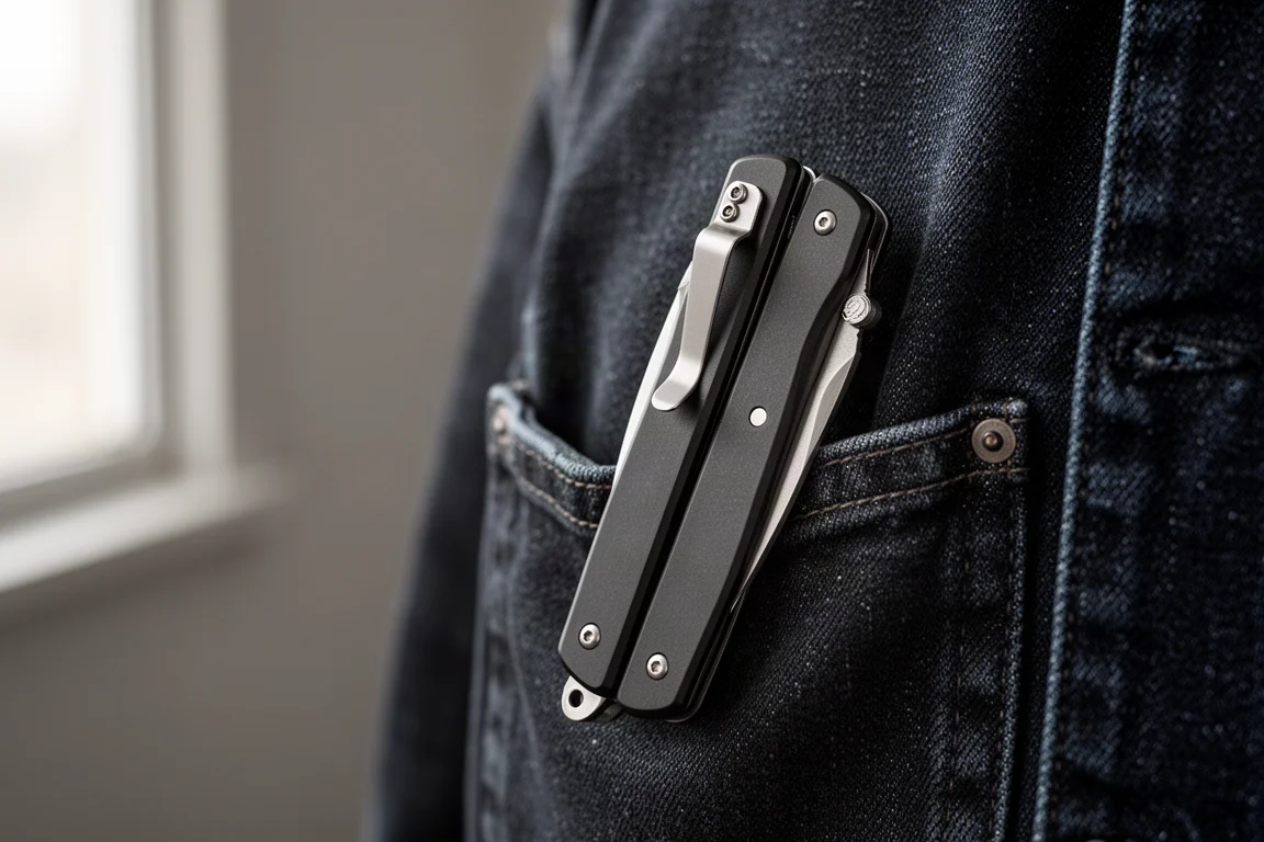 Couteau de poche fin avec plaquettes noires posé sur le bord de la poche d'une veste en jean