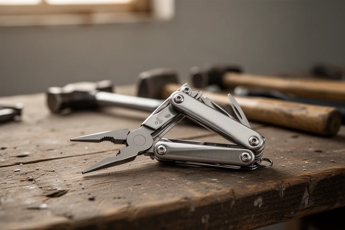 Multi-outils compact aux pinces à bec ouvert sur un établi à côté d'outils de bricolage