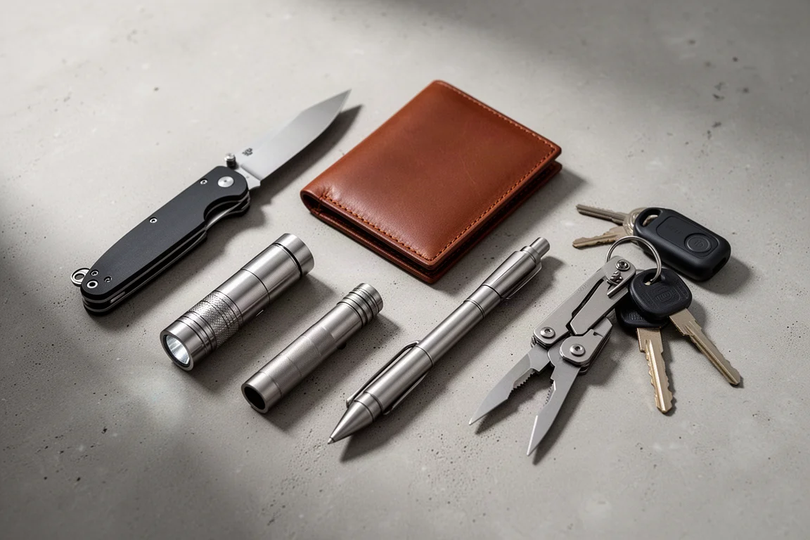 Flat-lay of everyday carry items including knife, wallet, flashlight, pen, multi-tool, and keys