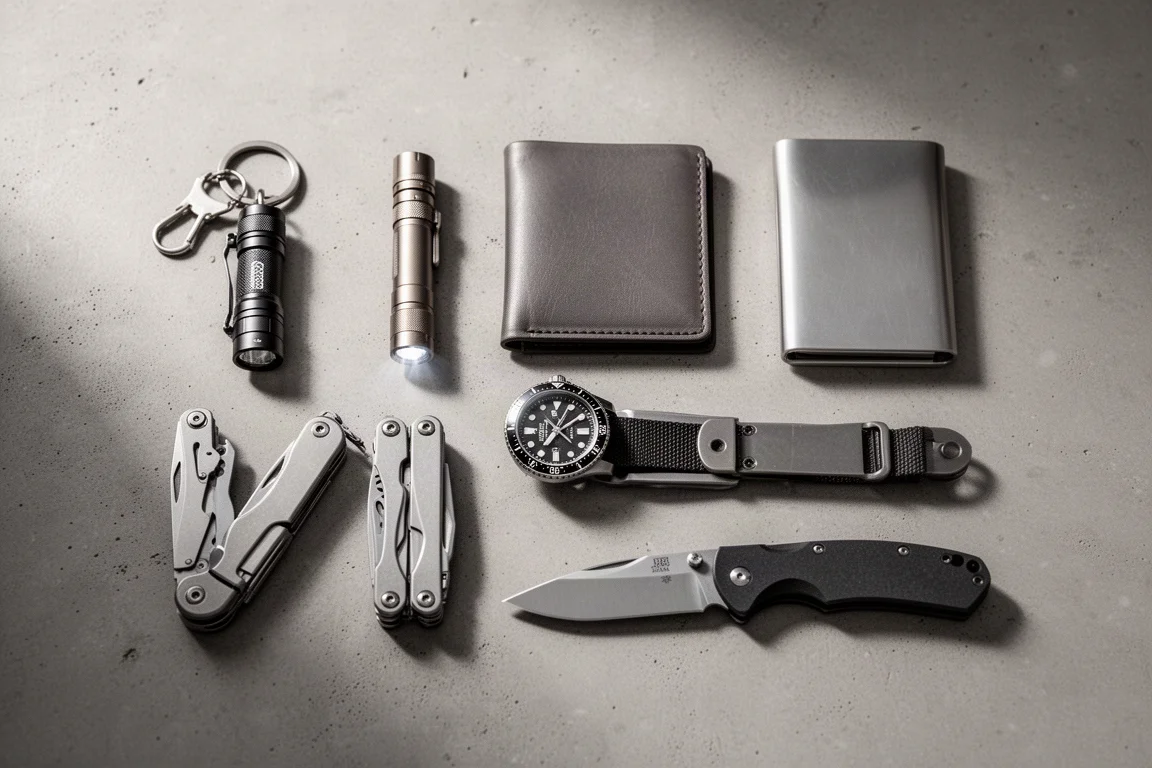 Flat-lay of everyday carry gear including flashlights, wallet, watch, multi-tool, and knife on concrete