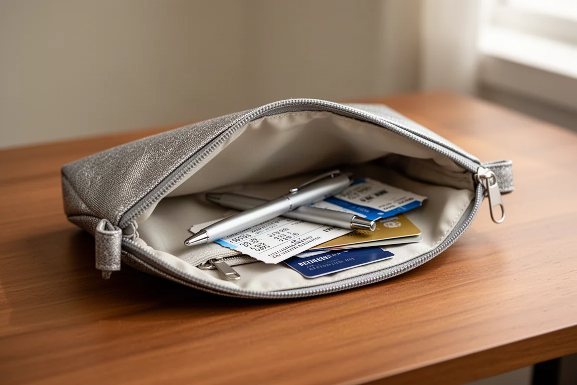 Coated fabric zip pouch open on a desk with small everyday items inside