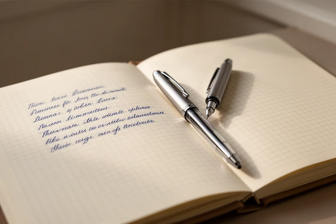 Open grid notebook with handwritten lines and a rollerball pen resting on the page