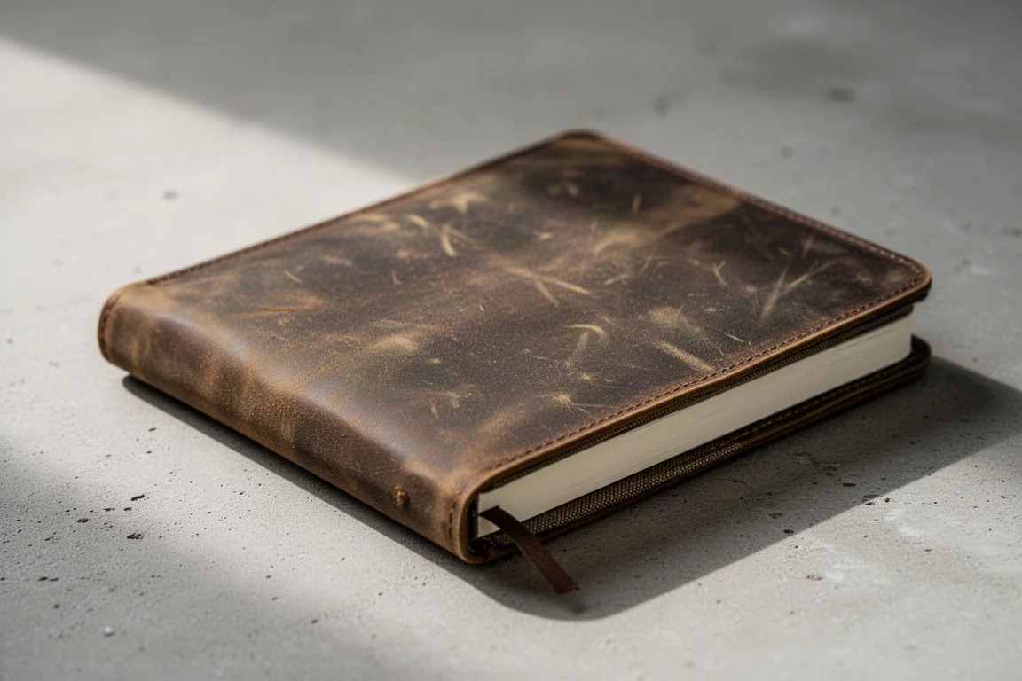Waxed notebook cover with visible creases and weathered patina in soft daylight