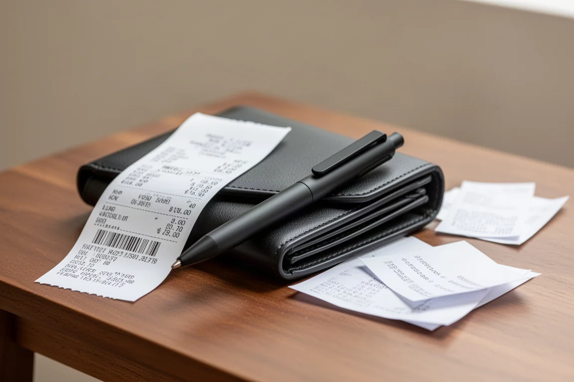 Slim ballpoint pen clipped to the edge of a purse or wallet pocket