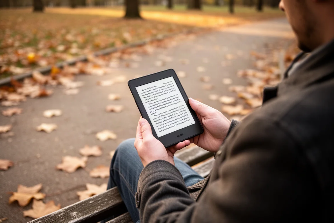 Persona sentada en un banco de parque leyendo un pequeño e-reader bajo la suave luz de la tarde