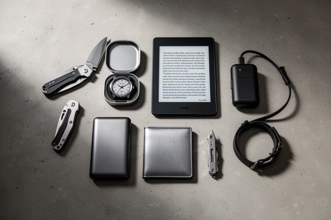 Flat-lay przedmiotów everyday carry, w tym nóż, zegarek, czytnik e-booków, power bank, portfel, multitool i pasek do zegarka na betonie