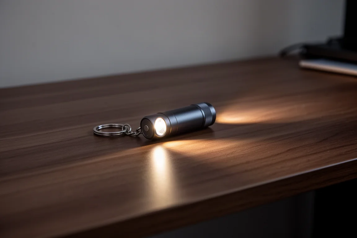 Pequeña linterna de llavero proyectando un haz sobre un escritorio de madera con poca luz