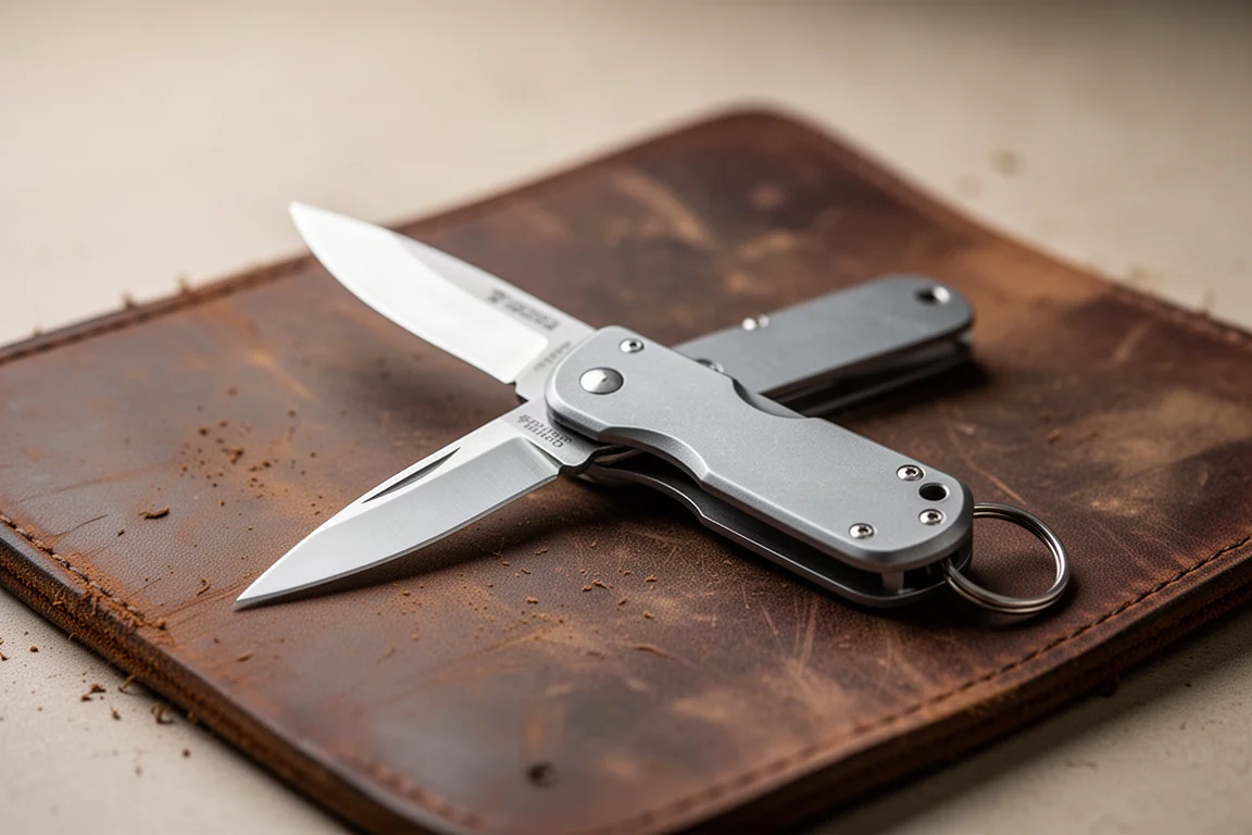 Cuchillo plegable compacto abierto sobre un banco de taller junto a cuero desgastado