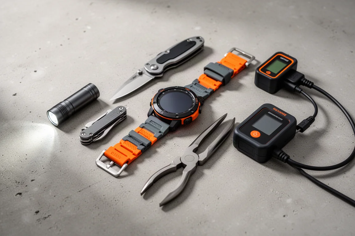 Flat-lay of everyday carry items including flashlight, knife, smartwatch, pliers, laser measure, and OBD2 scanner on concrete