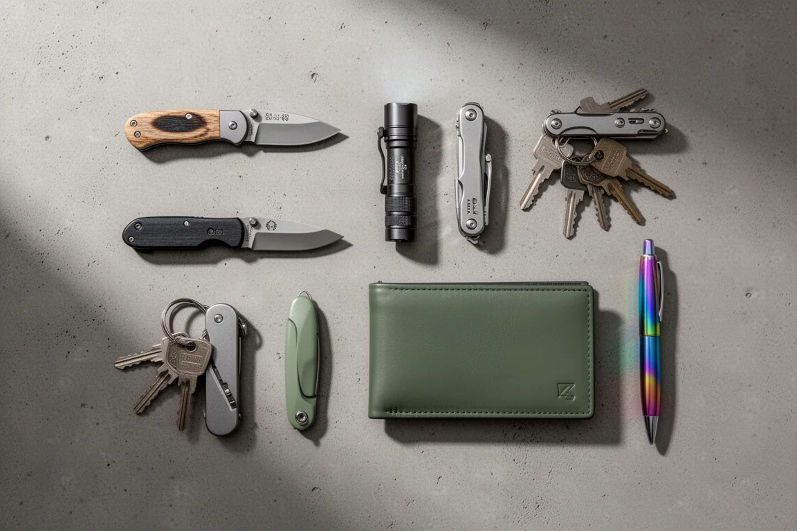Disposizione in flat-lay di attrezzatura everyday carry con coltelli, torcia, multi-tool, portafoglio e penna