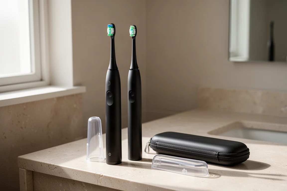 Electric toothbrush with brush heads and travel case on a bathroom counter
