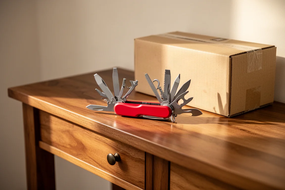 Swiss Army style pocket knife with tools unfolded on a wooden entryway table