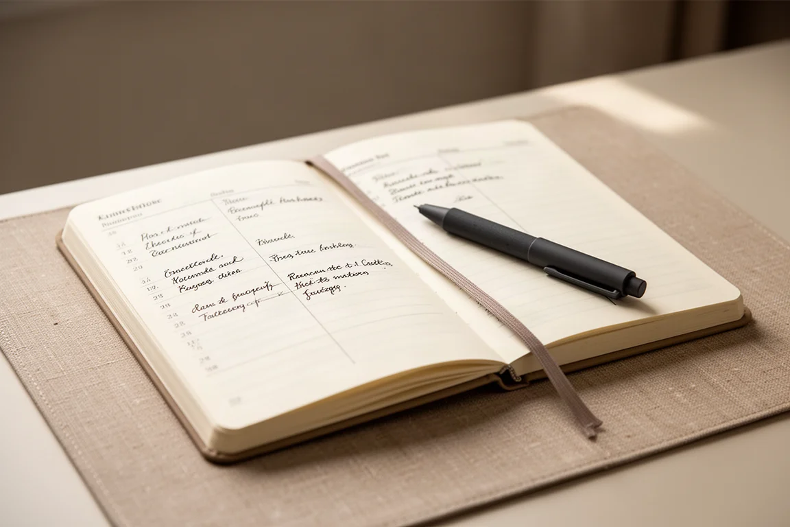 Open five-year diary with handwritten lines beside a fountain pen