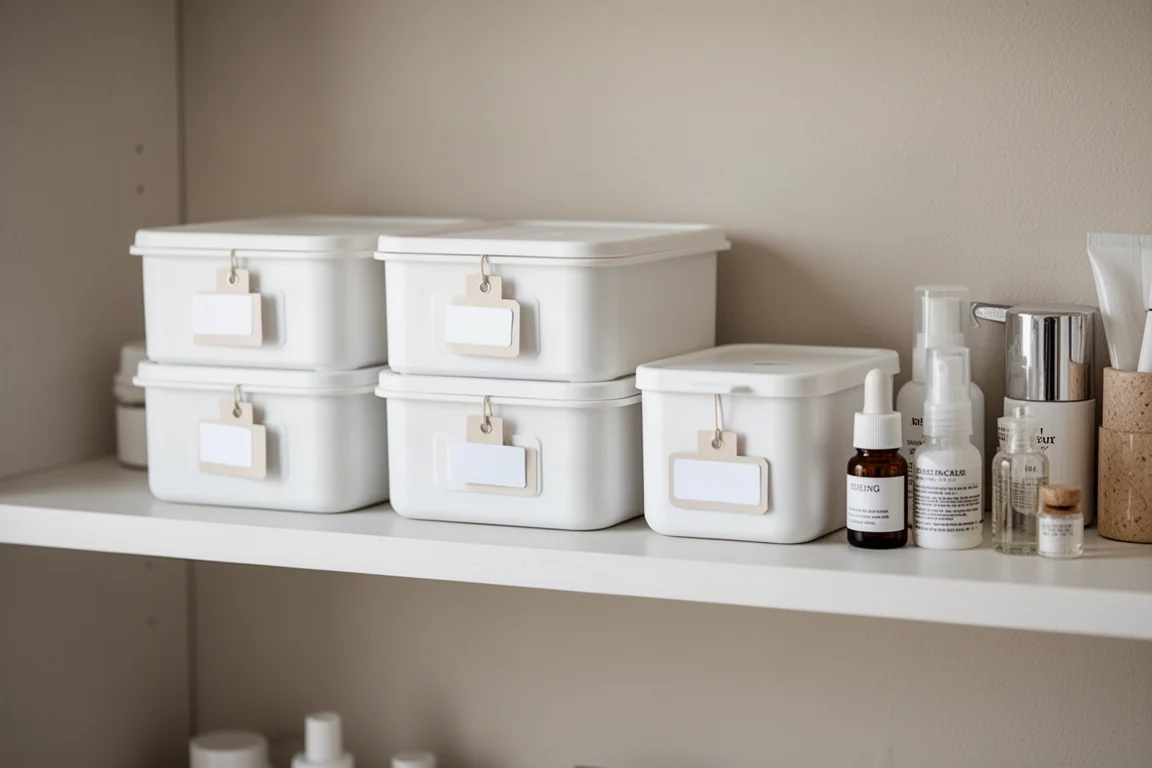 Stacked labeled storage boxes on a shelf organizing small household items