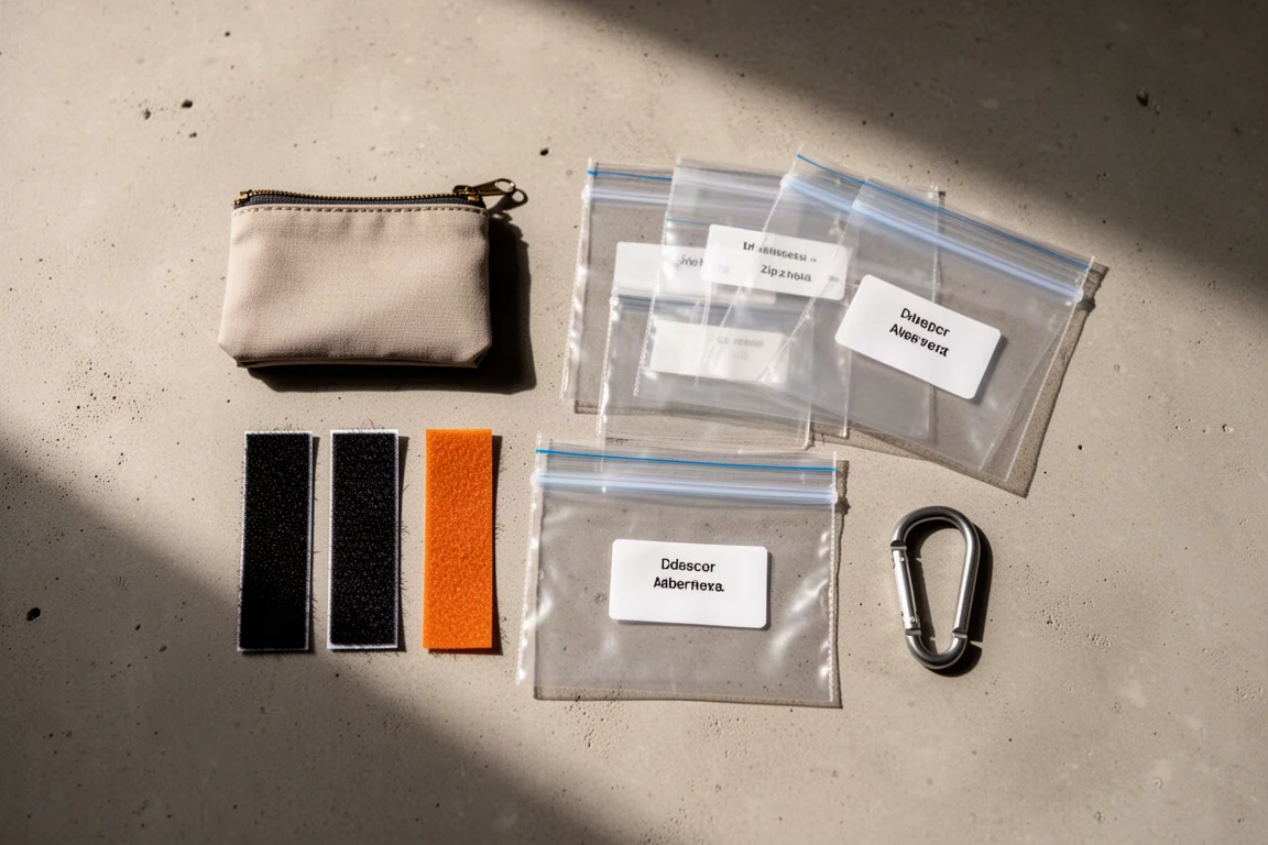 Flat-lay of small everyday items arranged on a concrete surface