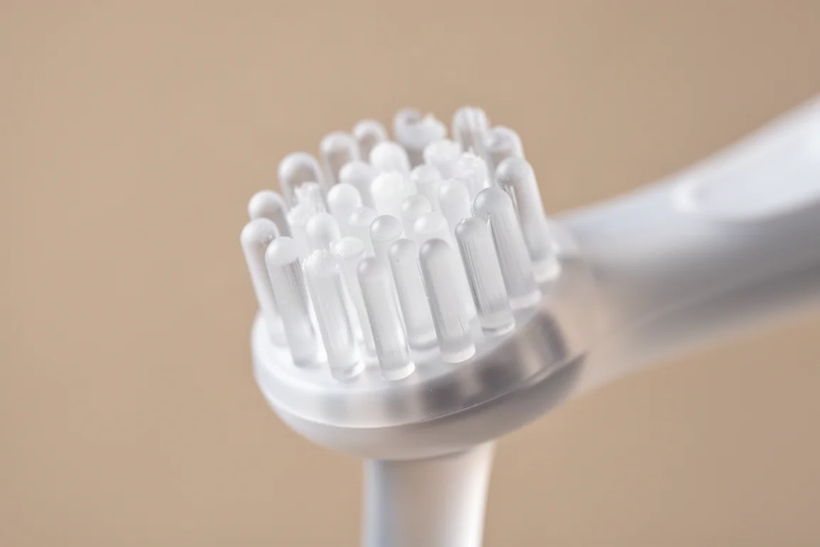 Close-up of soft silicone bristles on a compact tongue brush
