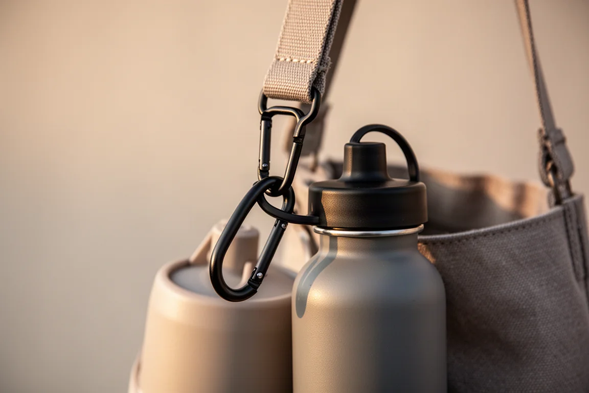Carabiner holding a water bottle loop attached to a bag strap