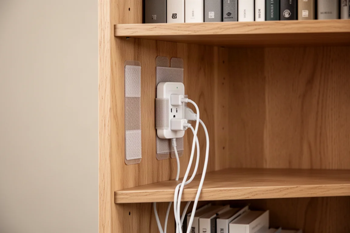 Velcro strips securing a power strip behind a shelf