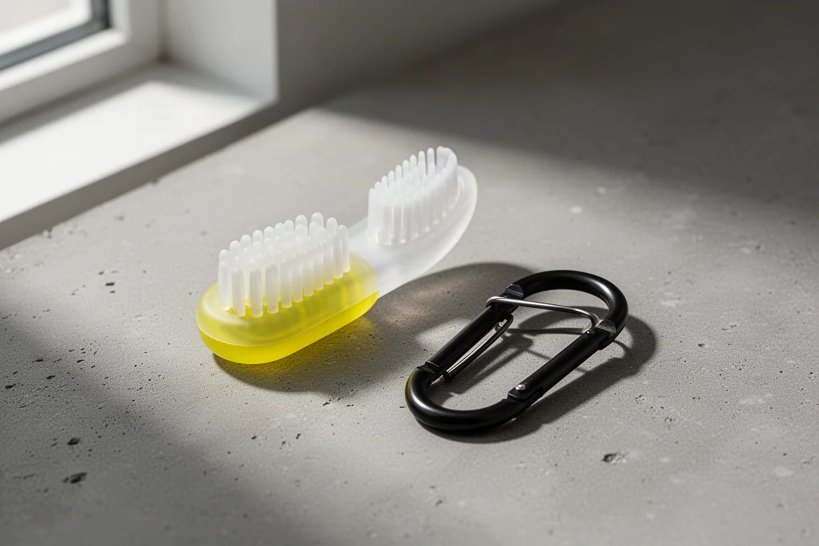 Silicone tongue brush and small black carabiner arranged on a concrete surface