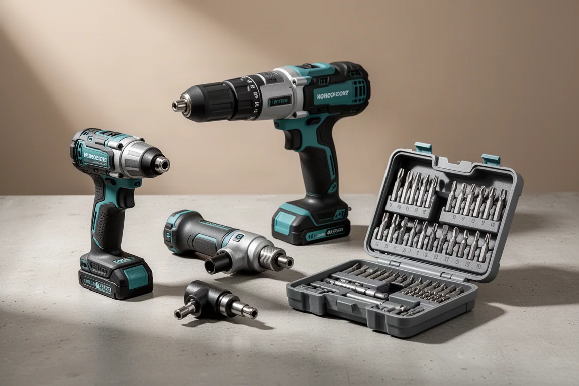 Impact driver, hammer drill, right angle attachment, and bit set case arranged on concrete