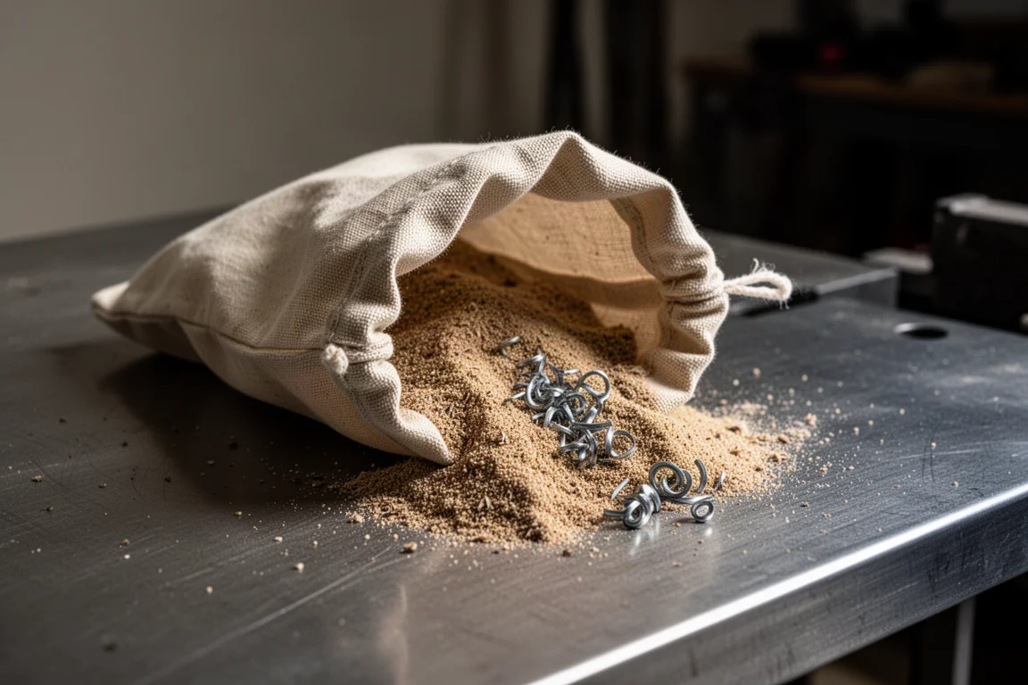 Sägemehl und kleine Metallspäne in einem Stoff-Staubbeutel auf einer Werkbank gesammelt