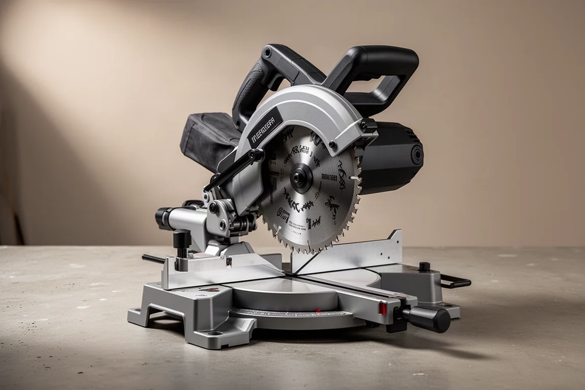 A 10-inch dual bevel miter saw on a concrete workshop surface