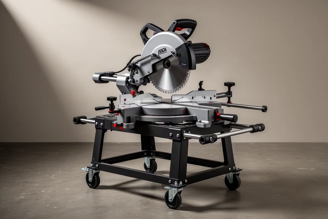 Evolution metal-cutting miter saw mounted on a rolling miter saw stand