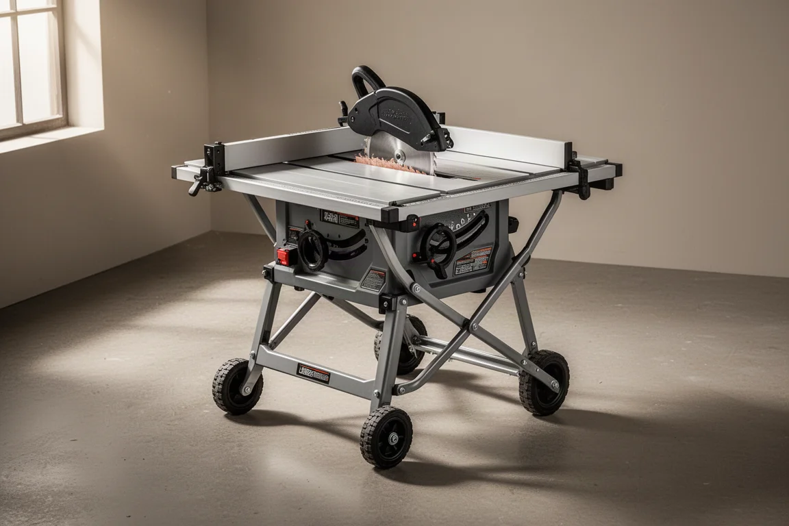 Evolution Rage 5-S portable table saw on a wheeled stand in a workshop