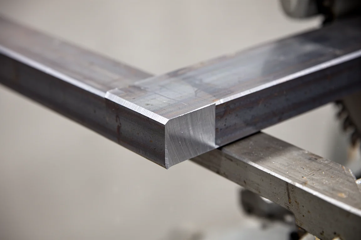Close-up of a metal workpiece with a clean, burr-free cut edge