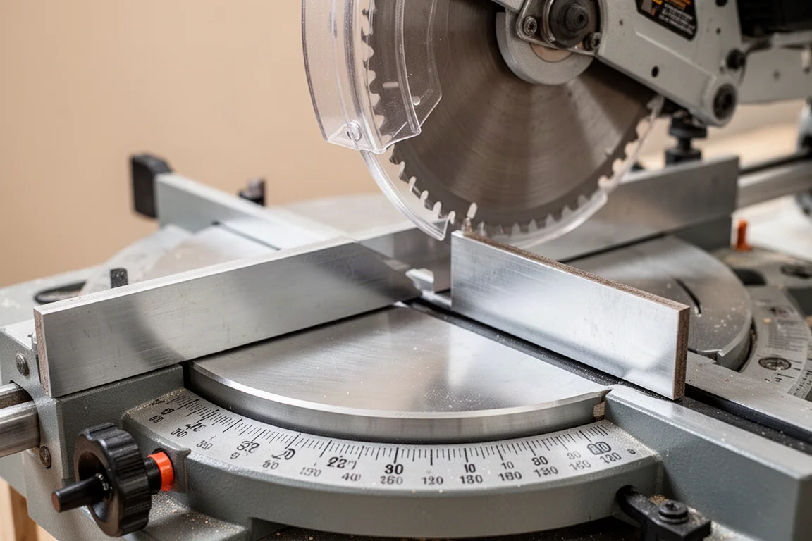 Mitering chopsaw head pivoted to an angle with degree markings visible on the base