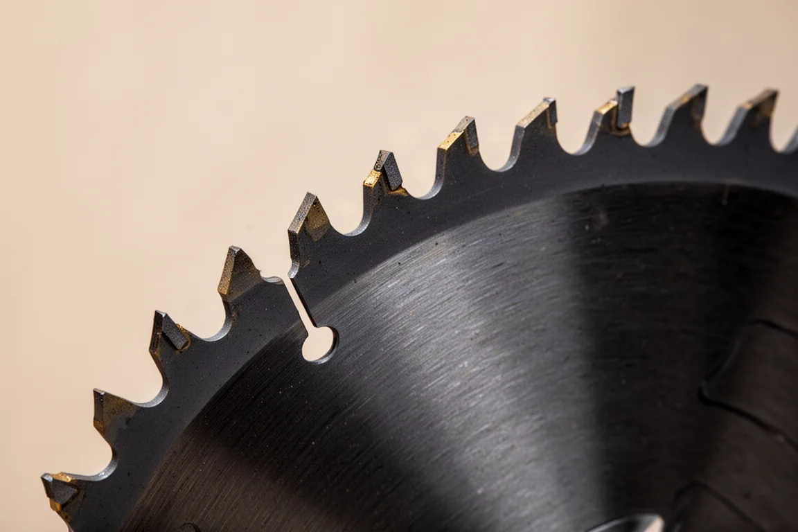 Chopsaw blade with ceram carbide teeth visible in close-up