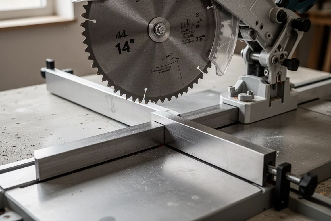Large metal-cutting saw blade positioned over a steel bar clamped to a miter saw bed