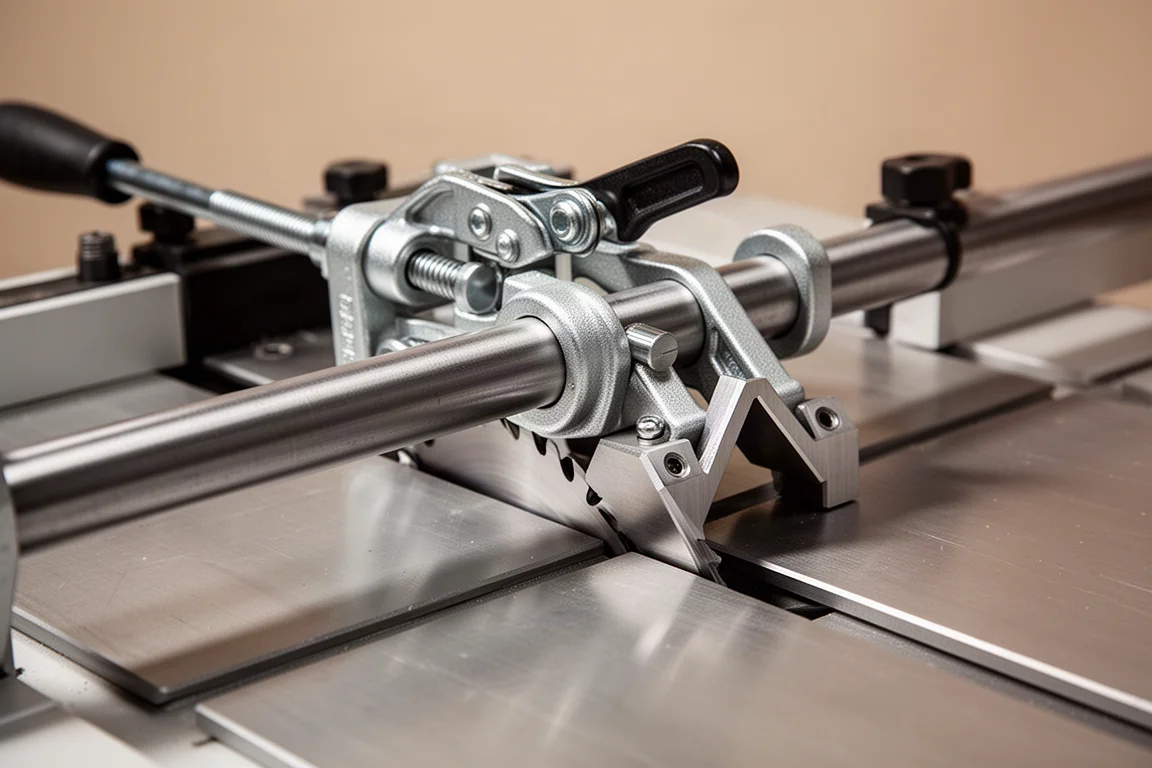Quick-release clamp holding a steel tube with V-notch insert on a saw bed
