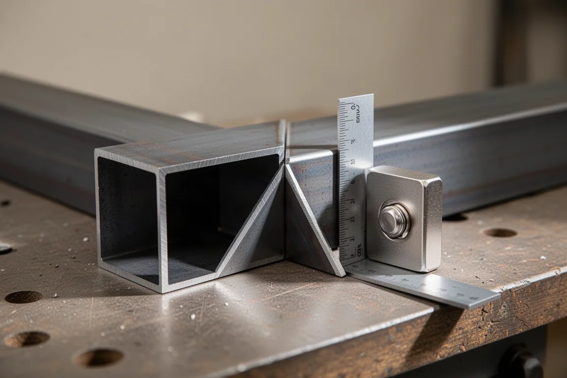 Two 45-degree cut steel box sections joined to form a precise right angle
