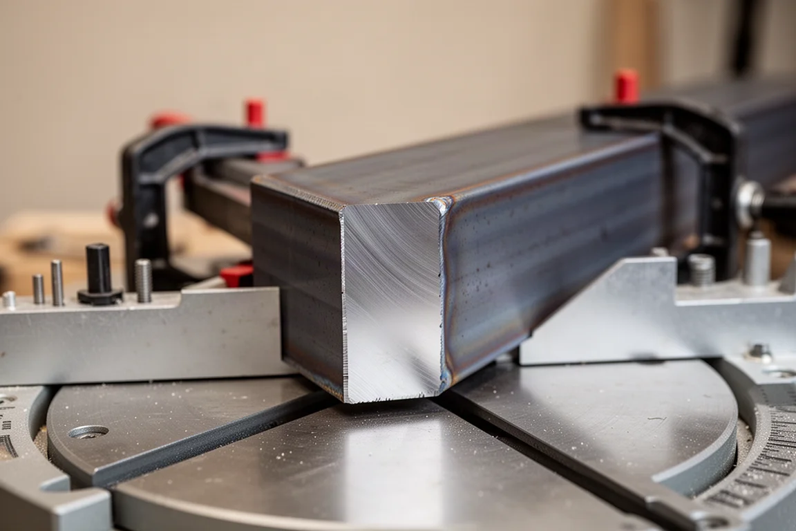 Freshly cut steel beam end with a smooth silvery finish on a saw bed