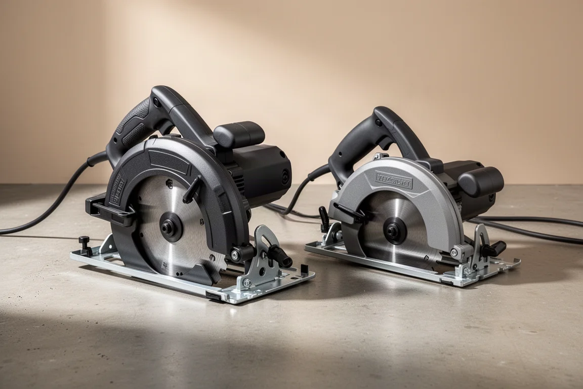 Two Evolution steel cutting circular saws side by side on concrete floor