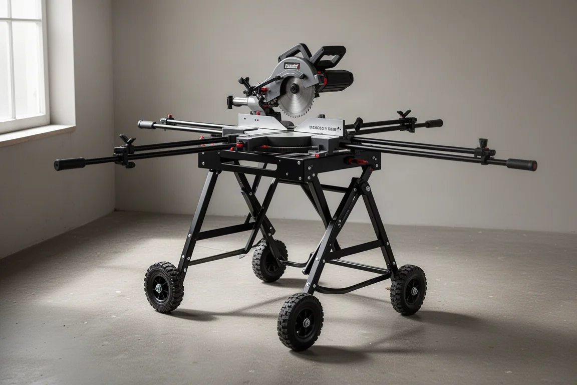 Black rolling miter saw stand with extended support arms on a concrete workshop floor